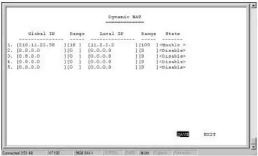 Dynamic NAT Global IP Range Local IP Range State 1. [210.11.22.50] {10} [11.2.2.2] [100] 2. [0.0.0.0] [0] [0.0.0.0] [0] 3. [0.0.0.0] [0] [0.0.0.0] [0] 4. [0.0.0.0] [0] [0.0.0.0] [0] 5. [0.0.0.0] [0] [0.0.0.0] [0] SAVE EXIT7