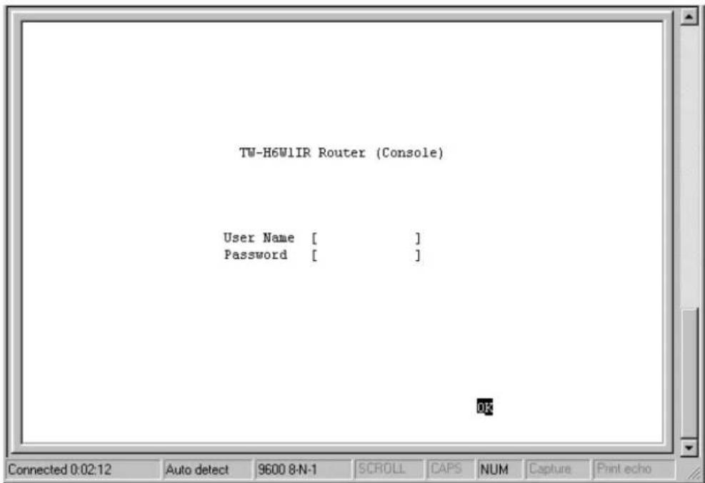 TW-H6W1IR Router (Console) User Name [ ] Password [ ] OK Connected 0:02:12 Auto detect 9600 8-N-1 SCROLL CAPS NUM Capture Print echo