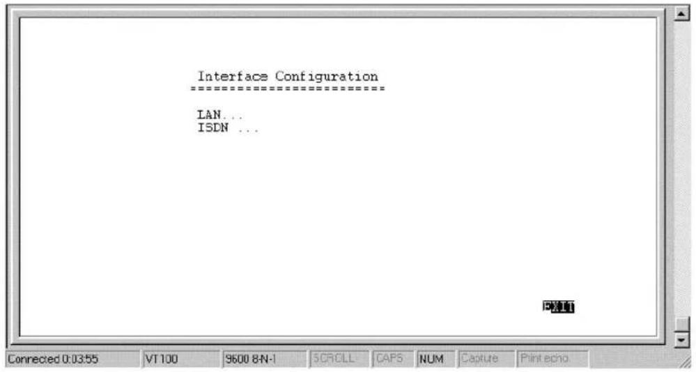 Interface Configuration ==================== LAN... ISDN ... PPRT Connected 0:03:55 VT100 9600 8-N-1 SCROLL CAPS NUM Capture Print echo