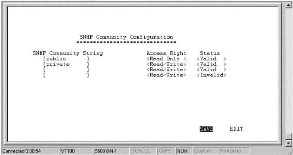 SNMP Community Configuration ==================== SNMP Community String Access Right Status [public] [private] [ ] [ ] SAVE EXIT Connected 0:08:54 VT100 9600 8N-1 SCROLL CAPS NUM Capture Print echo