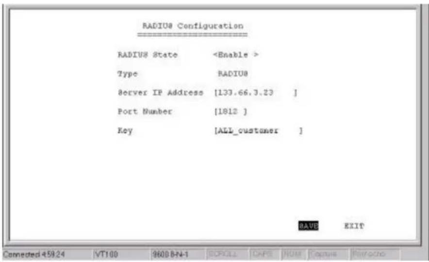 RADIUS Configuration RADIUS State Type RADIUS Server IP Address [133.66.3.23 ] Port Number [1812 ] Key [ALL_customer ] SAVE EXIT Connected 45924 VT100 9600 B-N-1 SCROLL CAPS NUM Capture Rivercro