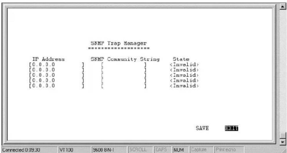 SNMP Trap Manager IP Address SNMP Community String(State [0.0.0.0] [ ] [0.0.0.0] [ ] [0.0.0.0] [ ] [0.0.0.0] [ ] [0.0.0.0] [ ] SAVE BND1 Connected 0:09:30 VT 100 9600 8-N-1 SCROLL CAFS NUM Capture Print echo