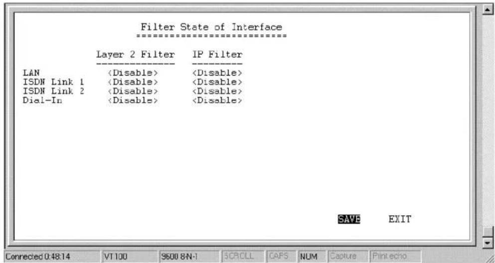 Filter State of Interface Layer 2 Filter IP Filter LAN ISDN Link 1 ISDN Link 2 Dial-In SAVE EXIT Connected 0:48:14 VT100 9600 8-N-1 SCROLL CAPS NUM Capture Print echo
