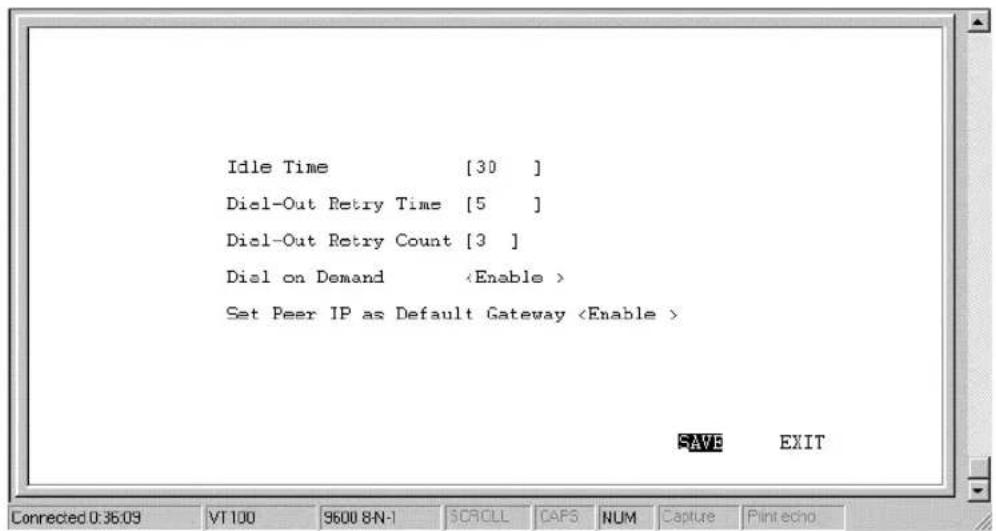 Idle Time [30 ] Diel-Out Retry Time [5 ] Diel-Out Retry Count [3 ] Diel on Demand Set Peer IP as Default Gateway SAVE EXIT Connected 0:36:09 VT100 9600 8N-1 SCROLL CAPS NUM Capture Print echo