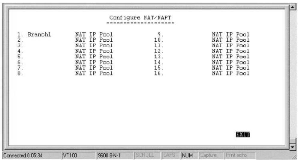Configure NAT/NAPT 1. Branch1 NAT IP Pool 9. NAT IP Pool 2. NAT IP Pool 10. NAT IP Pool 3. NAT IP Pool 11. NAT IP Pool 4. NAT IP Pool 12. NAT IP Pool 5. NAT IP Pool 13. NAT IP Pool 6. NAT IP Pool 14. NAT IP Pool 7. NAT IP Pool 15. NAT IP Pool 8. NAT IP Pool 16. NAT IP Pool EXIT Connected 0:05:34 VT100 9600 8-N-1 SCROLL CAPS NUM Capture Print echo