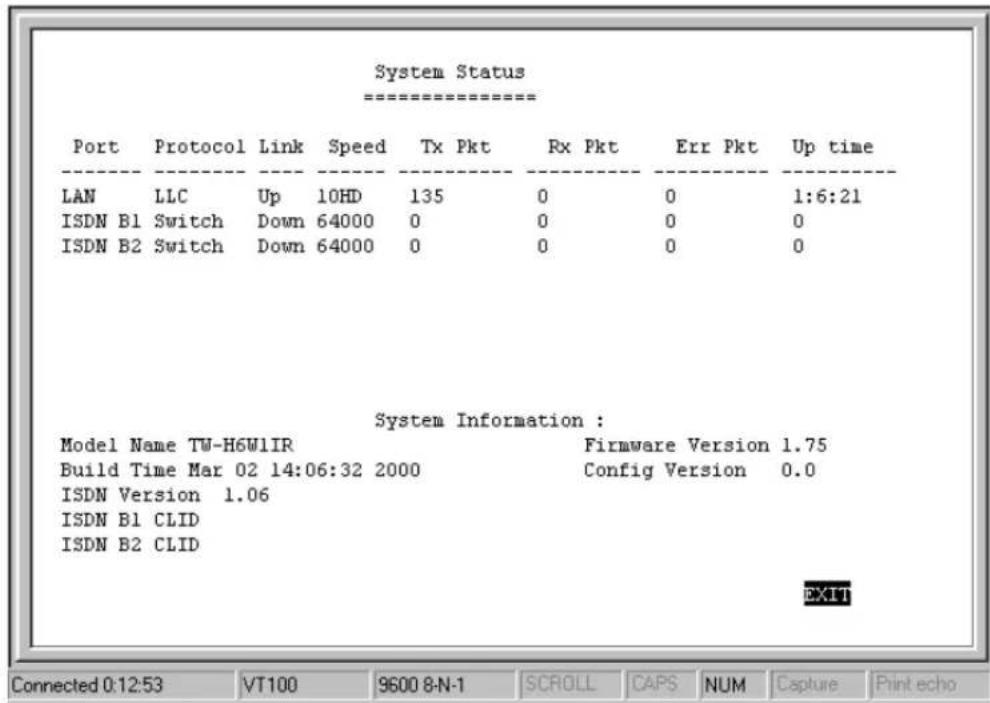 System Status ==================== Port Protocol Link Speed Tx_Pkt Rx_Pkt Err_Pkt Up_time LAN LLC Up 10HD 135 0 0 1:6:21 ISDN_B1 Switch Down 64000 0 0 0 0 ISDN_B2 Switch Down 64000 0 0 0 0 System Information : Model Name TW-H6W1IR Firmware Version 1.75 Build Time Mar 02 14:06:32 2000 Config Version 0.0 ISDN Version 1.06 ISDN_B1_CLID ISDN_B2_CLID EXIT Connected 0:12:53 VT100 9600 8-N-1 SCROLL CAPS NUM Capture Print echo
