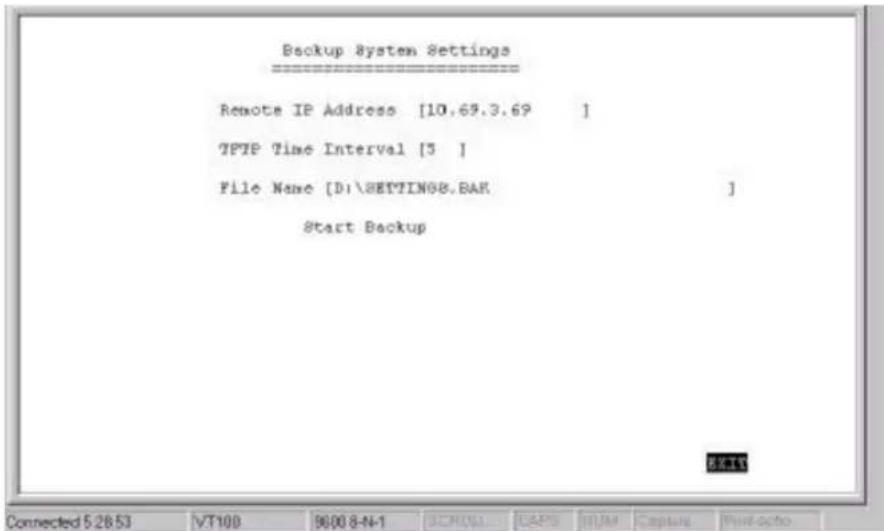 Backup System Settings ==================== Remote IP Address [10.69.3.69 ] TPTP Time Interval [5 ] File Name [D:\SETTING8.BAR Start Backup BETT Connected 5:26:53 VT100 90:00 8-N-1 SCH(5) CAPS HUM Capture Print echo