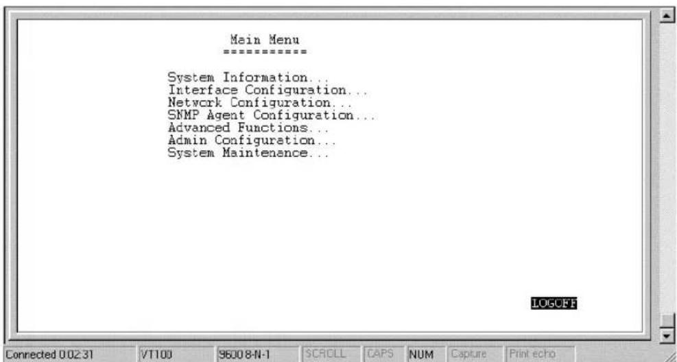 Main Menu ==================== System Information... Interface Configuration... Networkk Configuration... SNMP Agent Configuration... Advanced Functions... Admin Configuration... System Maintenance... LOGOFF Connected 0.02.31 VT100 9600 8-N-1 SCROLL CAPS NUM Capture Print echo
