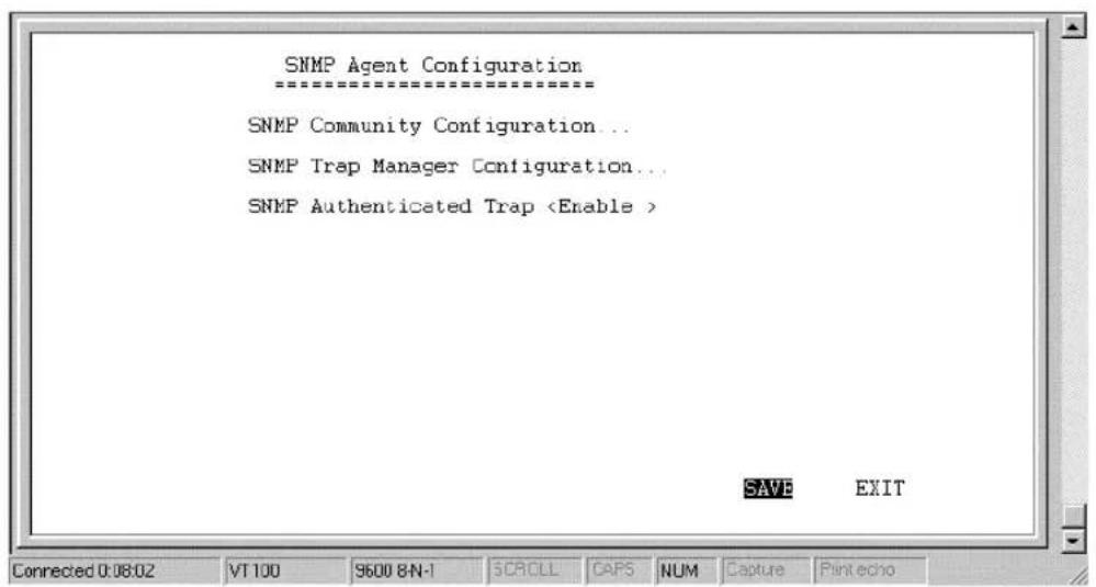 SNMP Agent Configuration ================ equals SNMP Community Configuration... SNMP Trap Manager Configuration... SNMP Authenticated Trap SAVE EXIT Connected 0:08:02 VT100 9600 8N-1 SCROLL CAPS NUM Capture Print echo
