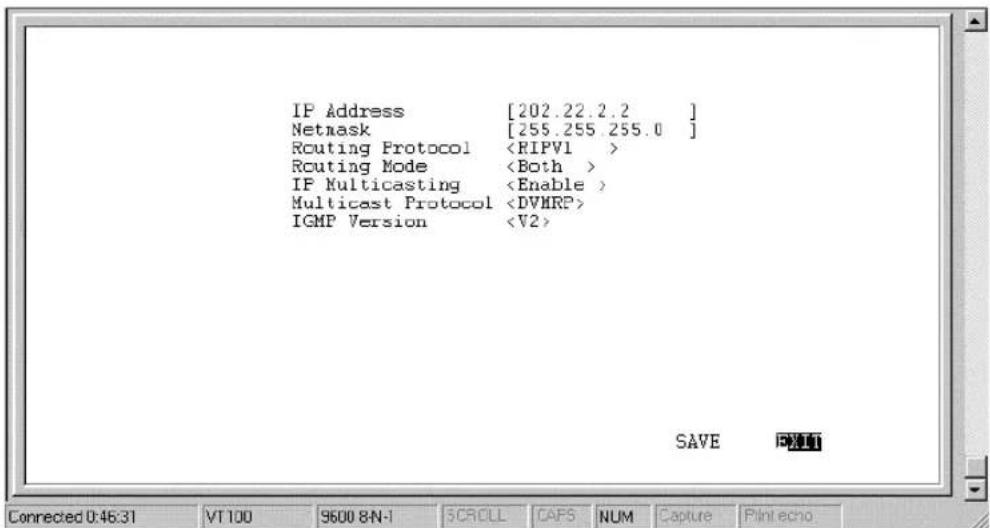 IP Address [202.22.2.2] Netmask [255.255.255.0] Routing Protocol Routing Mode IF Multicasting Multicast Protocol IGMP Version SAVE Connected 0:46:31 VT 100 9600 8N-1 SCROLL CAPS NUM Capture Print echo