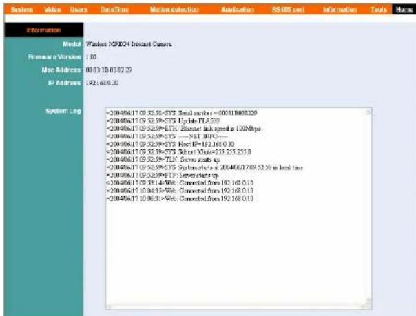 Information Model: Washer MFE04 Invert Cnurs. Firmware Version 1.00 Mac Address 00:03:15 03:02:29 IP Address 192.1618.30 System Log =200406011 09:32:16=SYS Serial number = 000318038229 =200406011 09:32:16=SYS Update FLS581 =200406011 09:32:16=ETSI Server link speed a 1.00Mbps =200406011 09:32:16=SYS --- NET DPC--- =200406011 09:32:16=SYS Host IP=192.1618.30 =200406011 09:32:16=SYS Subr Main=73.257.255.0 =200406011 09:32:16=TLS Server audio sp =200406011 09:32:16=SYS Systembase at 2.00406/7.769.52.26 in book line =200406011 09:32:16=TP Server chart sp =200406011 09:31:4=Web Connected from 192.1618.0.10 =200406011 10:04:15=Web Connected from 192.1618.0.10 =200406011 10:06:31=Web Connected from 192.1618.0.10