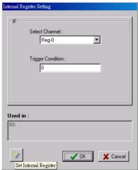 Internal Register Setting IF Select Channel: Reg-0 Trigger Condition: 0 Used in : 80 Set Internal Register OK Cancel