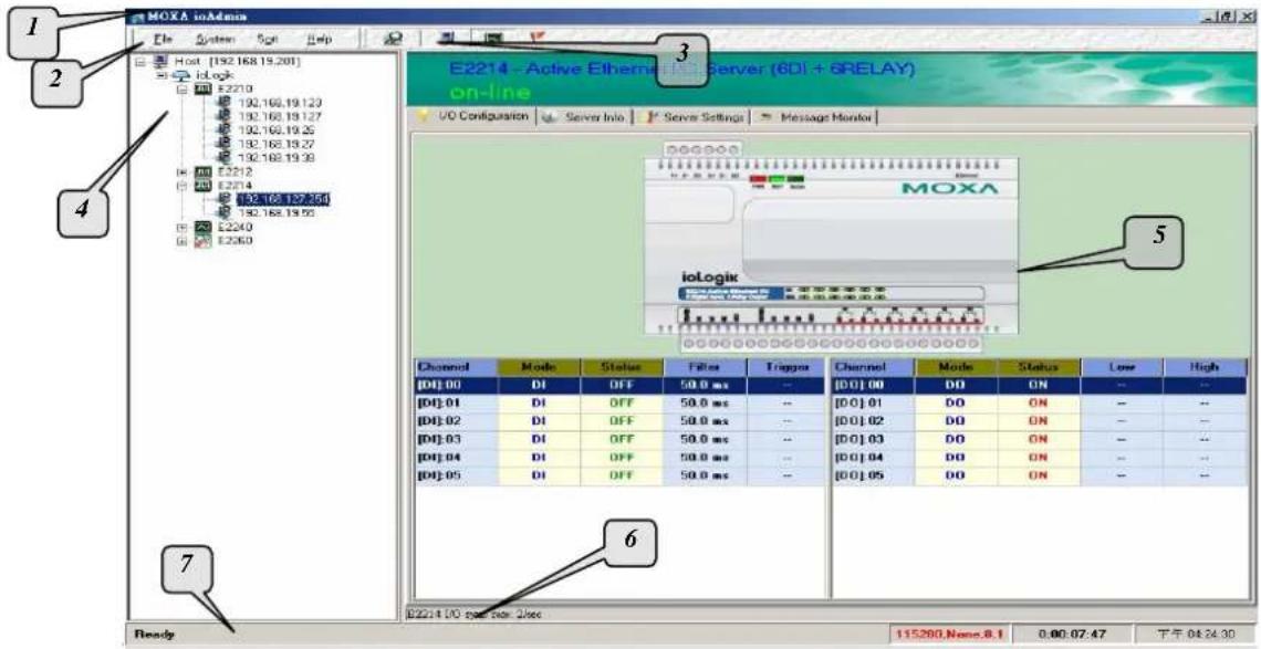 MOXA iodoAdmin Host [192.168.19.201] i o log E2210 192.168.19.123 192.168.19.127 192.168.19.25 192.168.19.27 192.168.19.30 E2212 E2214 192.168.127.850 192.168.19.00 E2240 E2360 E2214 - Active Ethernet Server (6DI + 6RELAY) on-line UO Configurion Server Info Server Settings Message Monitor MOXA ioLogic Channel Mode Status Fitter Trigger Channel Mode Status Low High [00]:00 DI OFF 50.0 ms -- [00]:00 DO ON -- -- [04]:01 DI OFF 50.0 ms -- [00]:01 DO ON -- -- [04]:02 DI OFF 50.0 ms -- [00]:02 DO ON -- -- [04]:03 DI OFF 50.0 ms -- [00]:03 DO ON -- -- [04]:04 DI OFF 50.0 ms -- [00]:04 DO ON -- -- [04]:05 DI OFF 50.0 ms -- [00]:05 DO ON -- -- 6 E2214 DO space slot 2sec Ready 115280.Nemo 8.1 0:00:07:47 下午 04:24:30