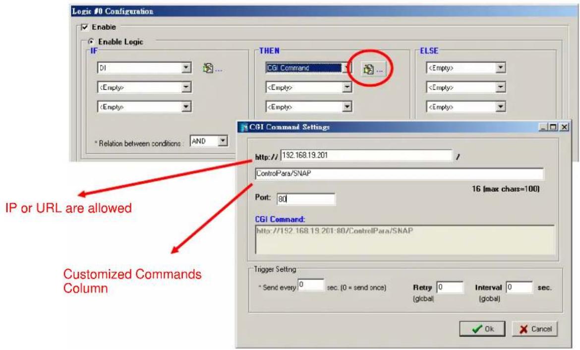 Logic #0 Configuration Enable Enable Logic IF DI * Relation between conditions : AND THEN CGI Command ELSE CGI Command Settings http:// 192.168.19.201 ControlPara/SNAP Port: 8d 16 (max chains=100) CGI Command: http://192.168.19.201:80/ControlPara/SNAP Trigger Setting " Send every 0 sec. (0 = send once) Retry 0 Interval 0 sec. (global) [global] OK Cancel IP or URL are allowed Customized Commands Column