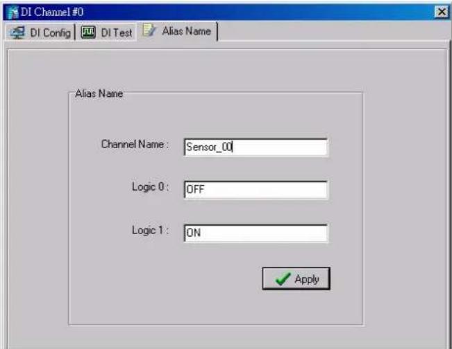 DI Channel #0 DI Config DI Test Alias Name Alias Name Channel Name: Sensor_00 Logic 0: OFF Logic 1: ON ✓ Apply