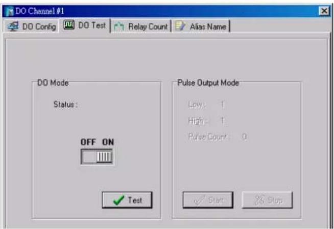 DO Channel #1 DO Config DO Test Relay Count Alias Name DO Mode Status: OFF ON Test Pulse Output Mode Low: 1 High: 1 Pulse Count: 0 ✓ Start ✓ Stop