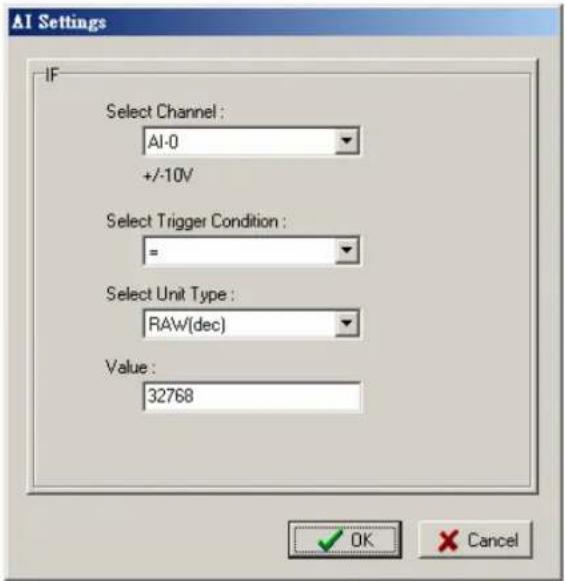 AI Settings IF Select Channel : AI-0 +/-10V Select Trigger Condition : = Select Unit Type : RAW(dec) Value : 32768 OK Cancel