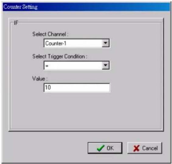 Counter Setting IF Select Channel : Counter-1 Select Trigger Condition : = Value : 10 OK Cancel