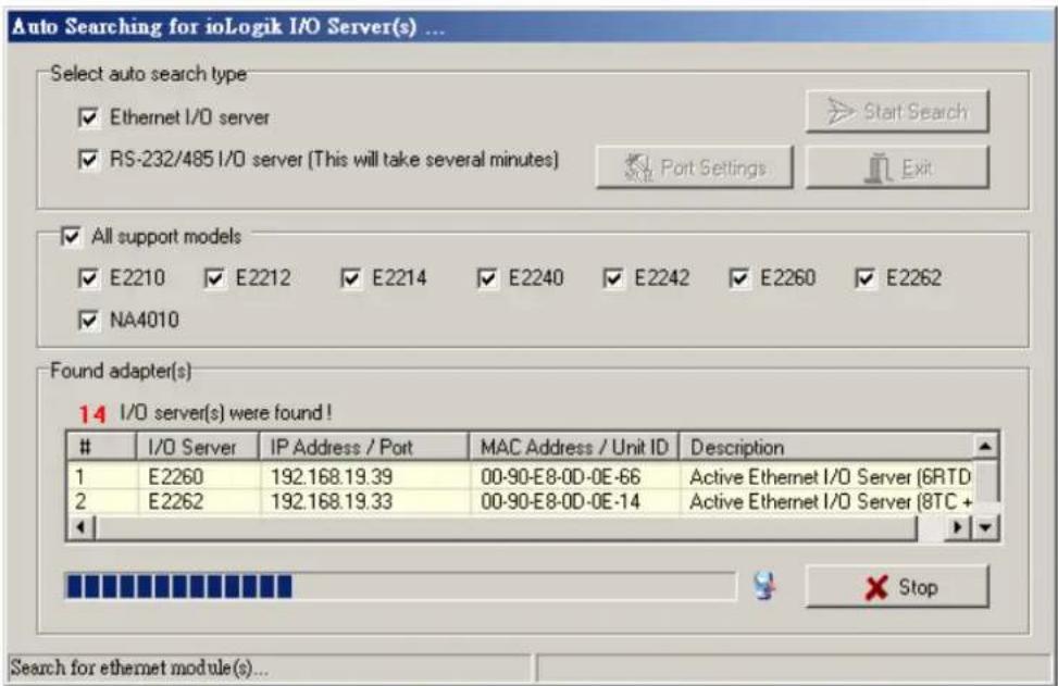 Auto Searching for ioLogik I/O Server(s) ... Select auto search type ✓ Ethernet I/O server ✓ RS-232/485 I/O server (This will take several minutes) Start Search Port Settings Exit ✓ All support models ✓ E2210 ✓ E2212 ✓ E2214 ✓ E2240 ✓ E2242 ✓ E2260 ✓ E2262 ✓ NA4010 Found adapter(s) 14 I/O server(s) were found ! I/O Server IP Address / Port MAC Address / Unit ID Description 1 E2260 192.168.19.39 00-90-E8-0D-0E-66 Active Ethernet I/O Server (6RTD 2 E2262 192.168.19.33 00-90-E8-0D-0E-14 Active Ethernet I/O Server (8TC + ✓ Stop Search for ethernet module(s)...