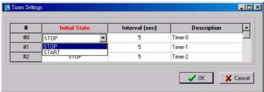Timer Settings Initial State Interval (sec) Description #0 STOP 5 Timer-0 #1 STOP 5 Timer-1 #2 START 5 Timer-2 STOP ✓ OK Cancel