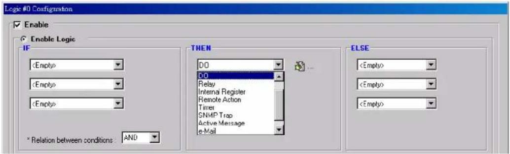 Logic #0 Configuration Enable Enable Logic IF * Relation between conditions : AND THEN DO DO Relay Internal Register Remote Action Timer SNMP Trap Active Message e-Mail ELSE