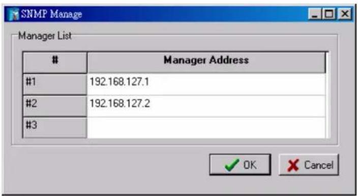 SNMP Manage Manager List Manager Address #1 192.168.127.1 #2 192.168.127.2 #3 ✓ OK Cancel