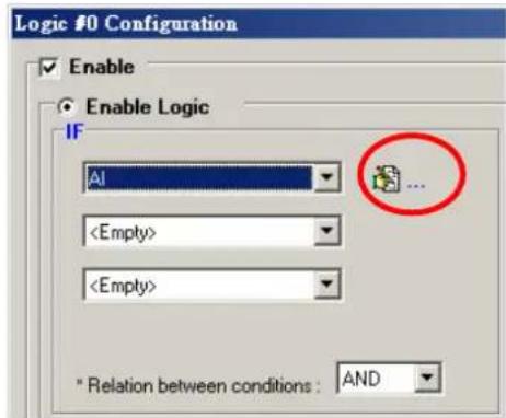 Logic #0 Configuration Enable Enable Logic IF AI " Relation between conditions : AND