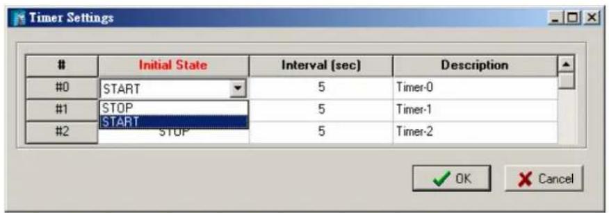 Timer Settings Initial State Interval (sec) Description #0 START 5 Timer-0 #1 STOP 5 Timer-1 #2 START 5 Timer-2 STOP ✓ OK Cancel