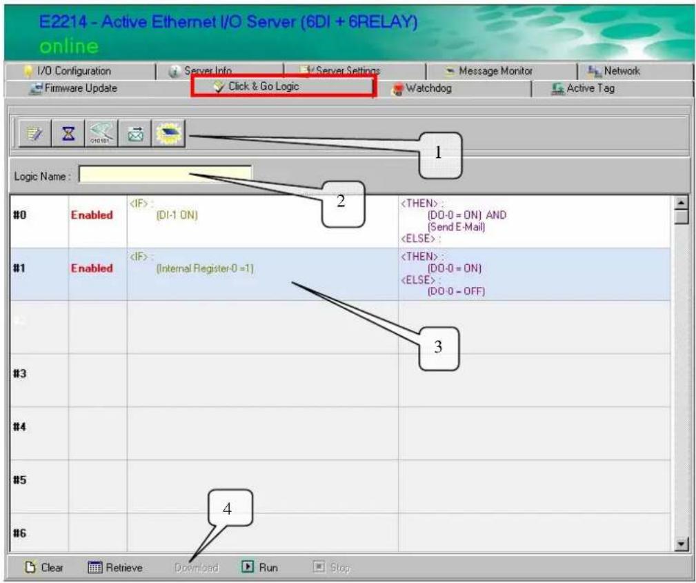 E2214 - Active Ethernet I/O Server (6DI + 6RELAY) online I/O Configuration Server Info Server Settings Message Monitor Network Firmware Update Click & Go Logic Watchdog Active Tag Logic Name : #0 Enabled : (DI-1 ON) : (DO-0 = ON) AND Send E-Mail : (DO-0 = ON) #1 Enabled : (Internal Register-0 =1) : (DO-0 = ON) : (DO-0 = OFF) # #3 #4 #5 #6 Clear Retrieve Download Run Stop