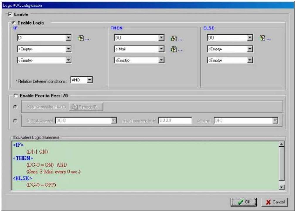 Logic #0 Configuration Enable Enable Logic IF DI * Relation between conditions: AND THEN DO c-Mail ELSE DO Enable Peer to Peer I/O Input channels: Reflon to Remote IP Output channel: DO-0 mirror from remote IP 0.0.0 channel: DI-0 Equivalent Logic Statement : (DI-1 ON) (DO-0 = ON) AND (Send E-Mail every 0 sec.) (DO-0 = OFF) OK Cancel