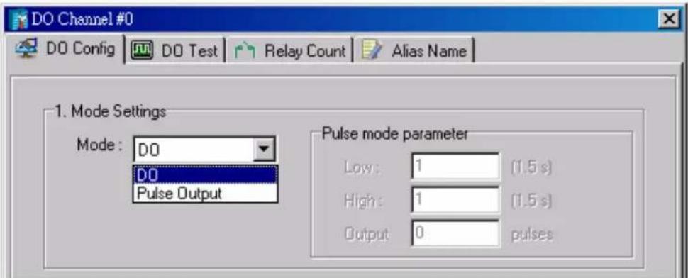 DO Channel #0 DO Config DO Test Relay Count Alias Name 1. Mode Settings Mode: DO DO Pulse Output Pulse mode parameter Low: 1 (1.5 s) High: 1 (1.5 s) Output: 0 pulses