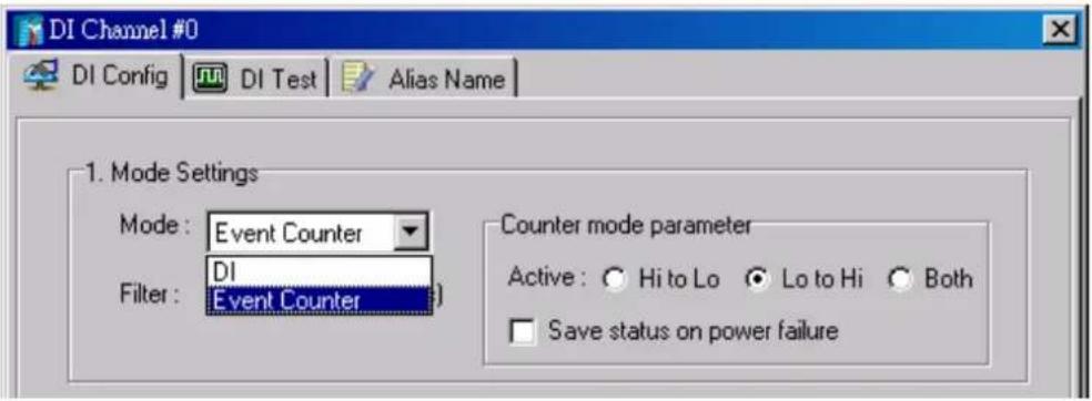 DI Channel #0 DI Config | DI Test | Alias Name | 1. Mode Settings Mode : Event Counter Filter : Event Counter Counter mode parameter Active : Hi to Lo Lo to Hi Both Save status on power failure