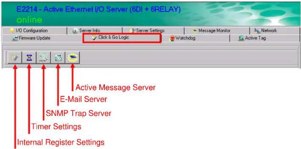 E2214 - Active Ethernet I/O Server (6DI + 6RELAY) online I/O Configuration Server Info. Server Settings Message Monitor Network Firmware Update Click & Go Logic Watchdog Active Tag Active Message Server E-Mail Server SNMP Trap Server Timer Settings Internal Register Settings