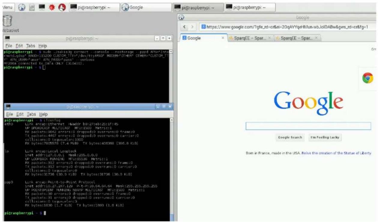 pi@raspberrypi File Edit Tabs Help pi@raspberrypi - $ # File Edit Tabs Help pi@raspberrypi - $ ifconfig eth0 Link encap:Ethernet Haddr b8:27:eb:29:1f:45 UP BROADCAST MULTICAST MTU:1500 Metric:1 RK packets:9042 errors:0 dropped:0 overruns:0 frame:0 TX packets:4467 errors:0 dropped:0 overruns:0 carrier:0 collisions:0 txqueualen:1000 RK bytes:7805578 (7.4 KiB) TX bytes:405398 (396.8 KiB) to Link encap:Local Loopback inet addr:127.0.0.1 Mask:1255.0.0.0 UP LOOPBACK RUNNING MTU:65536 Metric:1 RK packets:312 errors:0 dropped:0 overruns:0 frame:0 TX packets:312 errors:0 dropped:0 overruns:0 carrier:0 collisions:0 txqueualen:0 RK bytes:31736 (30.9 KiB) TX bytes:31736 (30.9 KiB) ppp0 Link encap:Point-to-Point Protocol inet addr:10.27.247.129 P-t-P:10.64.84.64 Mask:1255.255.255.255 UP POINTPOINT RUNNING NOFF MULTICAST MTU:1500 Metric:1 RK packets:30 errors:0 dropped:0 overruns:0 frame:0 TX packets:31 errors:0 dropped:0 overruns:0 carrier:0 collisions:0 txqueualen:3 RK bytes:1830 (1.7 KiB) TX bytes:1893 (1.8 KiB) pi@raspberrypi - $