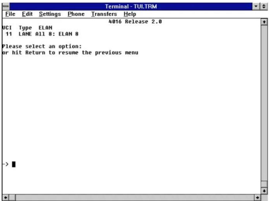 Terminal - TUI.TRM File Edit Settings Phone Transfers Help 4016 Release 2.0 UCI Type ELAN 11 LANE All 8: ELAN 8 Please select an option: or hit Return to resume the previous menu -> ■