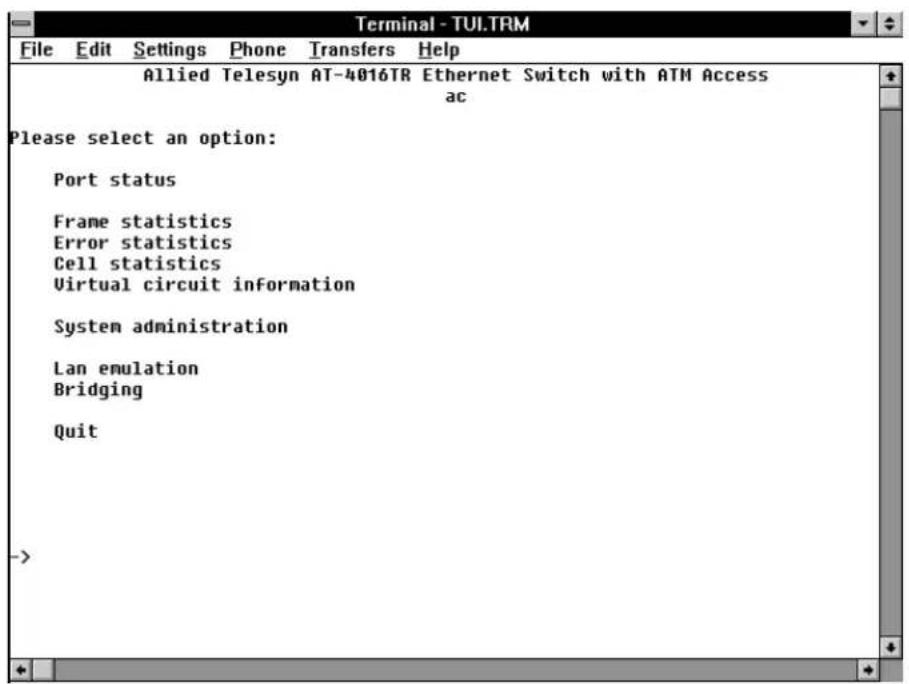Terminal - TUI TRM File Edit Settings Phone Transfers Help Allied Telesyn AT-4016TR Ethernet Switch with ATM Access ac Please select an option: Port status Frame statistics Error statistics Cell statistics Virtual circuit information System administration Lan emulation Bridging Quit ->