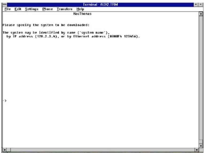 Terminal - AUX2.TRM File Edit Settings Phone Transfers Help MacThomas Please specify the system to be downloaded: The system may be identified by name ('system name'), by IP address (128.2.3.4), or by Ethernet address (0000F4 123456).