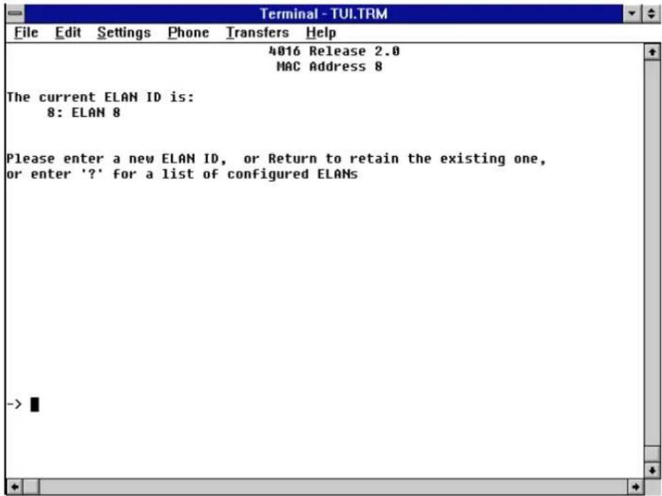 Terminal - TUI.TRM File Edit Settings Phone Transfers Help 4016 Release 2.0 MAC Address 8 The current ELAN ID is: 8: ELAN 8 Please enter a new ELAN ID, or Return to retain the existing one, or enter '?' for a list of configured ELANs ->