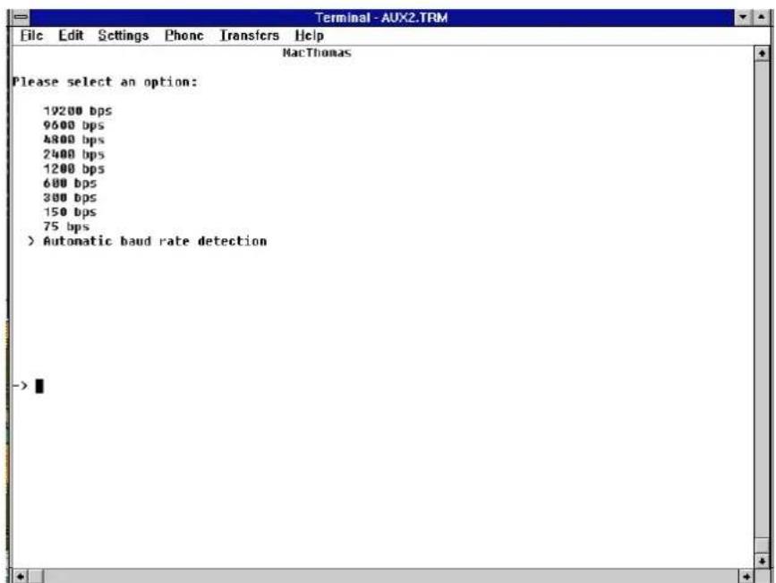 Terminal - AUX2.TRM File Edit Settings Phone Transfers Help RacThomas Please select an option: 19200 bps 9600 bps 4800 bps 2400 bps 1200 bps 600 bps 300 bps 150 bps 75 bps > Automatic baud rate detection ->