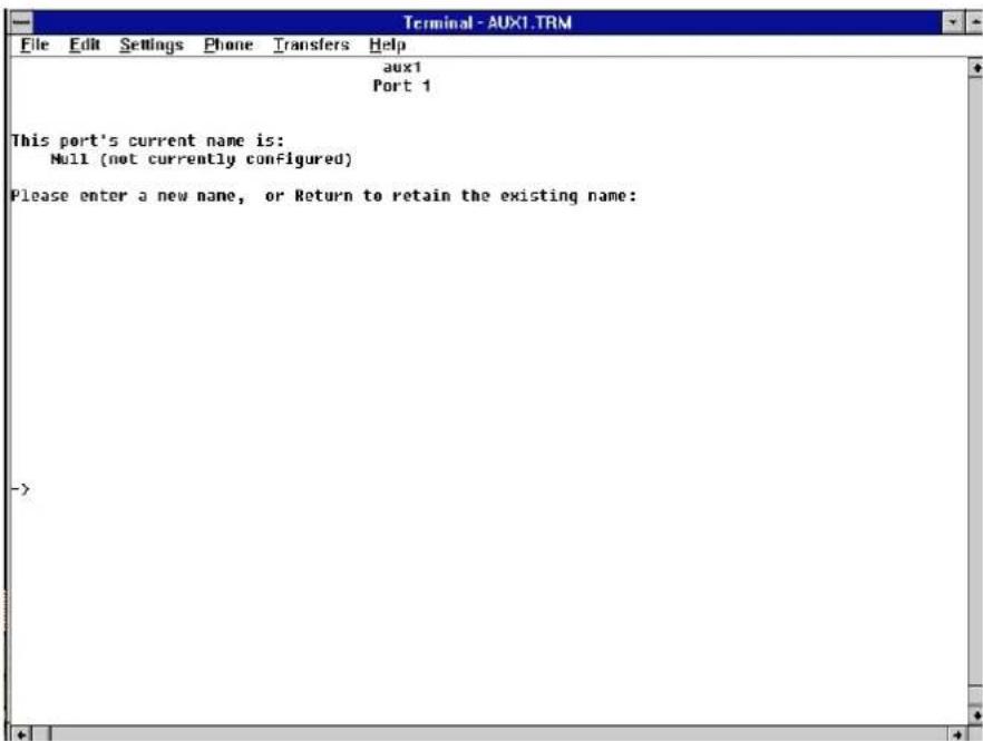 Terminal - AUX1.TRM File Edit Settings Phone Transfers Help aux1 Port 1 This port's current name is: Mull (not currently configured) Please enter a new name, or Return to retain the existing name: ->