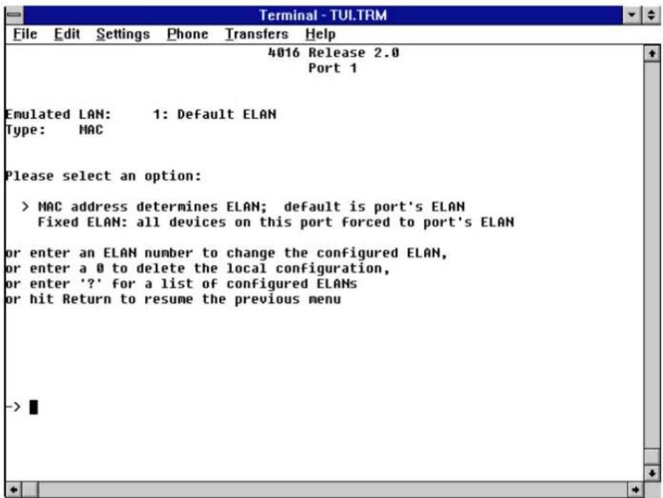 Terminal - TUI.TRM File Edit Settings Phone Transfers Help 4016 Release 2.0 Port 1 Emulated LAN: 1: Default ELAN Type: MAC Please select an option: > MAC address determines ELAN; default is port's ELAN Fixed ELAN: all devices on this port forced to port's ELAN or enter an ELAN number to change the configured ELAN, or enter a 0 to delete the local configuration, or enter '?' for a list of configured ELANs or hit Return to resume the previous menu -> ■