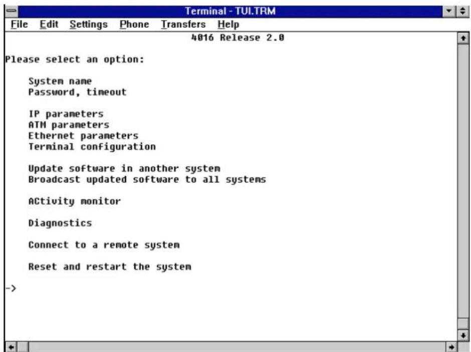 Terminal - TUI.TRM File Edit Settings Phone Transfers Help 4016 Release 2.0 Please select an option: System name Password, timeout IP parameters ATM parameters Ethernet parameters Terminal configuration Update software in another system Broadcast updated software to all systems ACTivity monitor Diagnostics Connect to a remote system Reset and restart the system ->