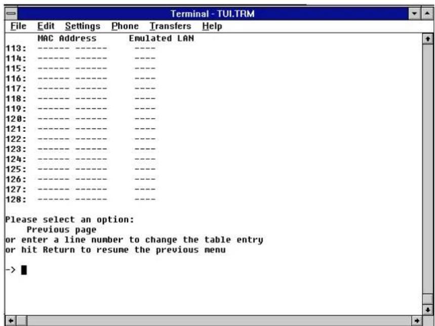 Terminal - TUI.TRM File Edit Settings Phone Transfers Help MAC Address Emulated LAN 113: ---- ---- ---- 114: ---- ---- ---- 115: ---- ---- ---- 116: ---- ---- ---- 117: ---- ---- ---- 118: ---- ---- ---- 119: ---- ---- ---- 120: ---- ---- ---- 121: ---- ---- ---- 122: ---- ---- ---- 123: ---- ---- ---- 124: ---- ---- ---- 125: ---- ---- ---- 126: ---- ---- ---- 127: ---- ---- ---- 128: ---- ---- ---- Please select an option: Previous page or enter a line number to change the table entry or hit Return to resume the previous menu ->