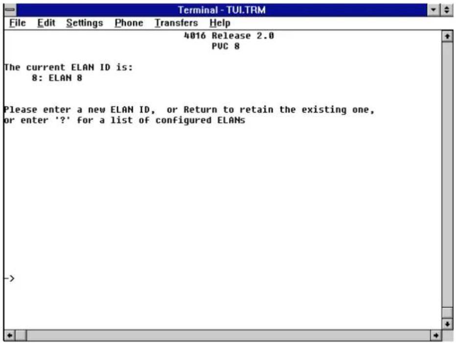 Terminal - TUI.TRM File Edit Settings Phone Transfers Help 4016 Release 2.0 PUC 8 The current ELAN ID is: 8: ELAN 8 Please enter a new ELAN ID, or Return to retain the existing one, or enter '?' for a list of configured ELANs ->