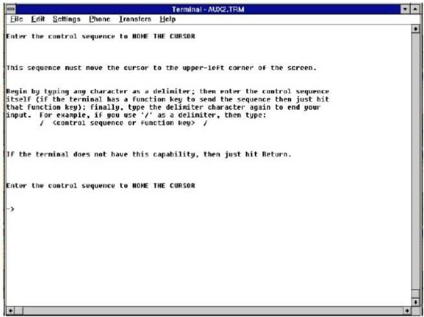 Enter the control sequence to NONE THE CURSOR This sequence must move the cursor to the upper-left corner of the screen. Begin by typing any character as a delimiter; then enter the control sequence itself (if the terminal has a function key to send the sequence then just hit that function key); finally, type the delimiter character again to end your input. For example, if you use '/' as a delimiter, then type: / */ If the terminal does not have this capability, then just hit Return. Enter the control sequence to NONE THE CURSOR ->