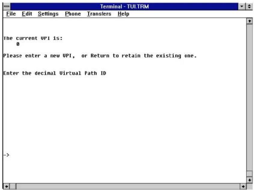 Terminal - TULTRM File Edit Settings Phone Transfers Help The current UPI is: 0 Please enter a new UPI, or Return to retain the existing one. Enter the decimal Virtual Path ID ->