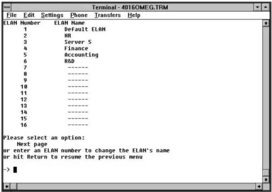 Terminal - 40160MEG.TRM File Edit Settings Phone Transfers Help ELAN Number ELAN Name 1 Default ELAN 2 HR 3 Server 5 4 Finance 5 Accounting 6 R&D 7 ---- 8 ---- 9 ---- 10 ---- 11 ---- 12 ---- 13 ---- 14 ---- 15 ---- 16 ---- Please select an option: Next page or enter an ELAN number to change the ELAN's name or hit Return to resume the previous menu ->