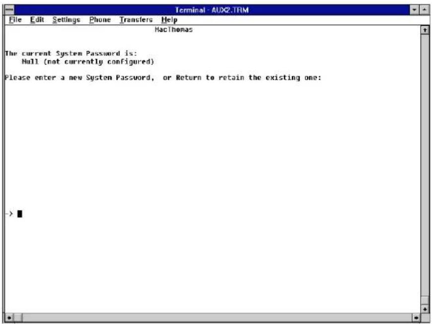 Terminal - AUX2.TRM File Edit Settings Phone Transfers Help MacThomas The current System Password is: Null (not currently configured) Please enter a new System Password, or Return to retain the existing one: