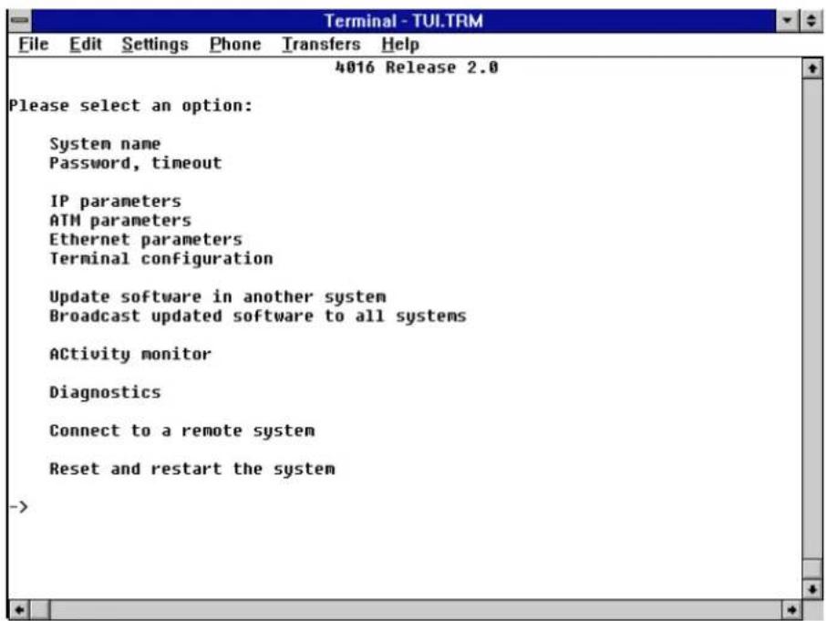 Terminal - TUI.TRM File Edit Settings Phone Transfers Help 4016 Release 2.0 Please select an option: System name Password, timeout IP parameters ATM parameters Ethernet parameters Terminal configuration Update software in another system Broadcast updated software to all systems ACTivity monitor Diagnostics Connect to a remote system Reset and restart the system ->