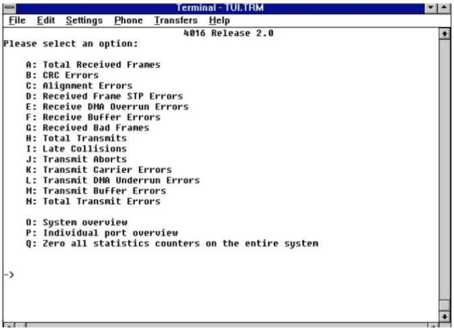 Terminal - TUI.TRM File Edit Settings Phone Transfers Help 4016 Release 2.0 Please select an option: A: Total Received Frames B: CRC Errors C: Alignment Errors D: Received Frame STP Errors E: Receive DMA Overrun Errors F: Receive Buffer Errors G: Received Bad Frames H: Total Transmits I: Late Collisions J: Transmit Aborts K: Transmit Carrier Errors L: Transmit DMA Underrun Errors M: Transmit Buffer Errors N: Total Transmit Errors O: System overview P: Individual port overview Q: Zero all statistics counters on the entire system ->